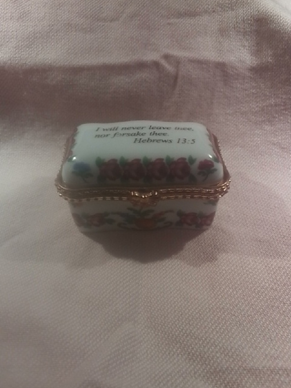 Porcelain Trinket Box with Rose Floral Design and Scripture